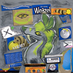 Feely McNugget's furry weasel character against a collage of cut-up Weazel Ball packaging.